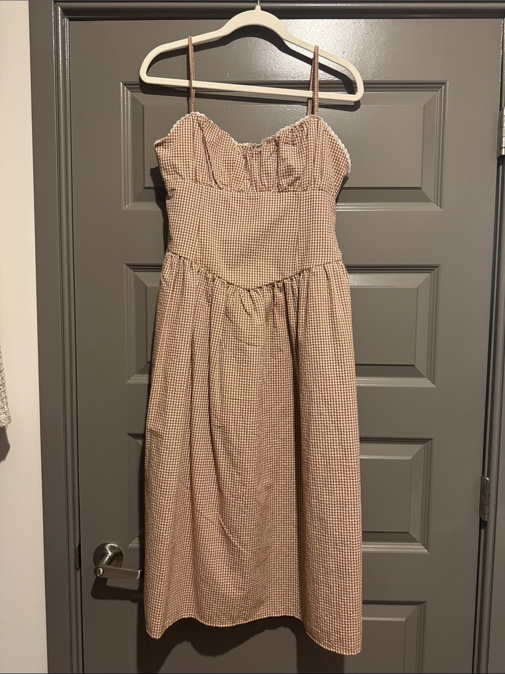 a new day Beige Gingham Midi Sundress
